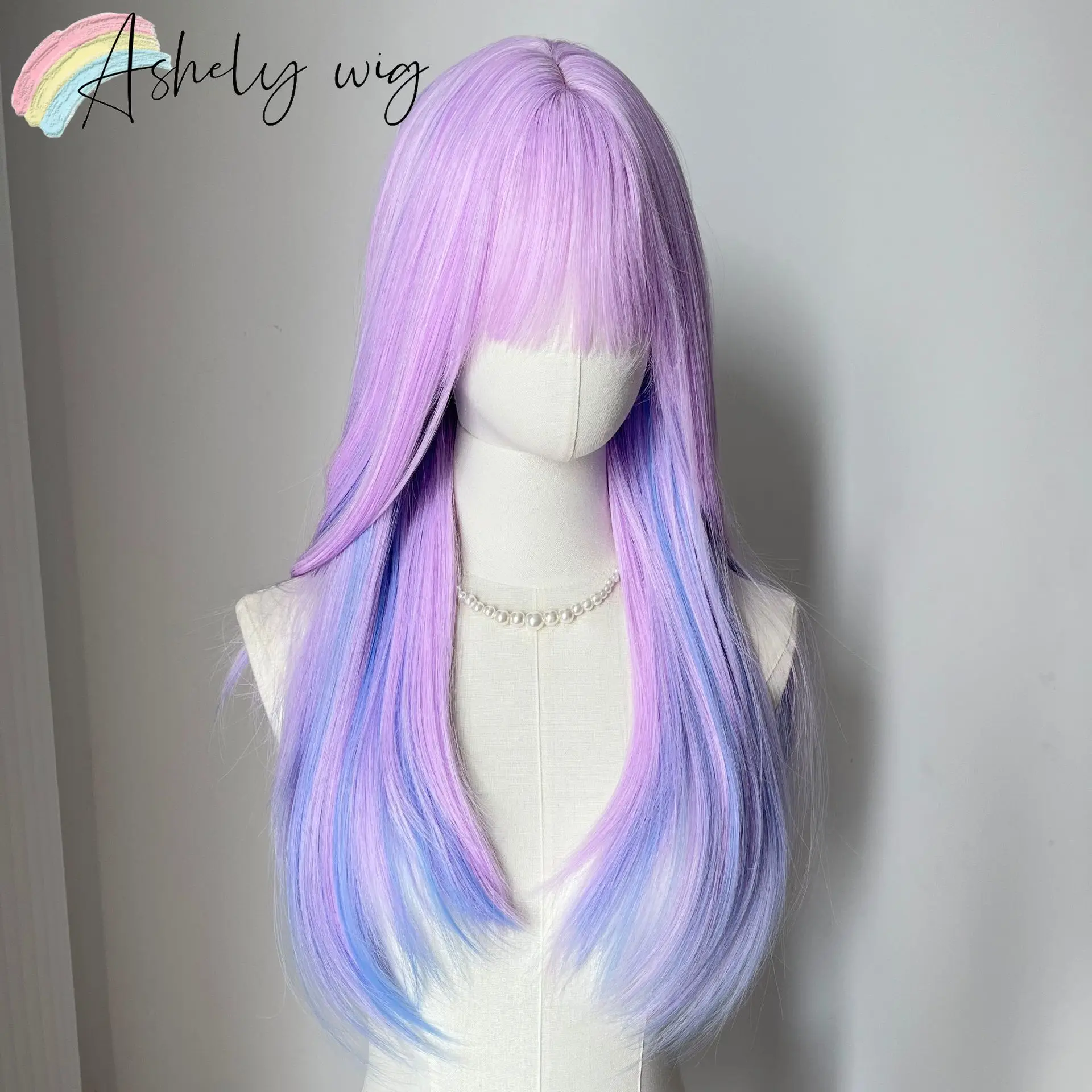 Ombre Light Purple Wig for Women 24inch Long Straight Wig with Bangs Lolita Cosplay Heat Resistant Fibers Headband Wigs Парик 가발