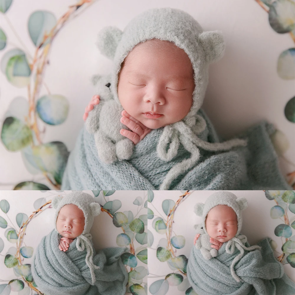 

Newborn Bear Wrapping Theme For Photography Knitted Bear Ear Hat Bear Doll Crochet Stretchable Wool Wrap Studio Baby Photo Props