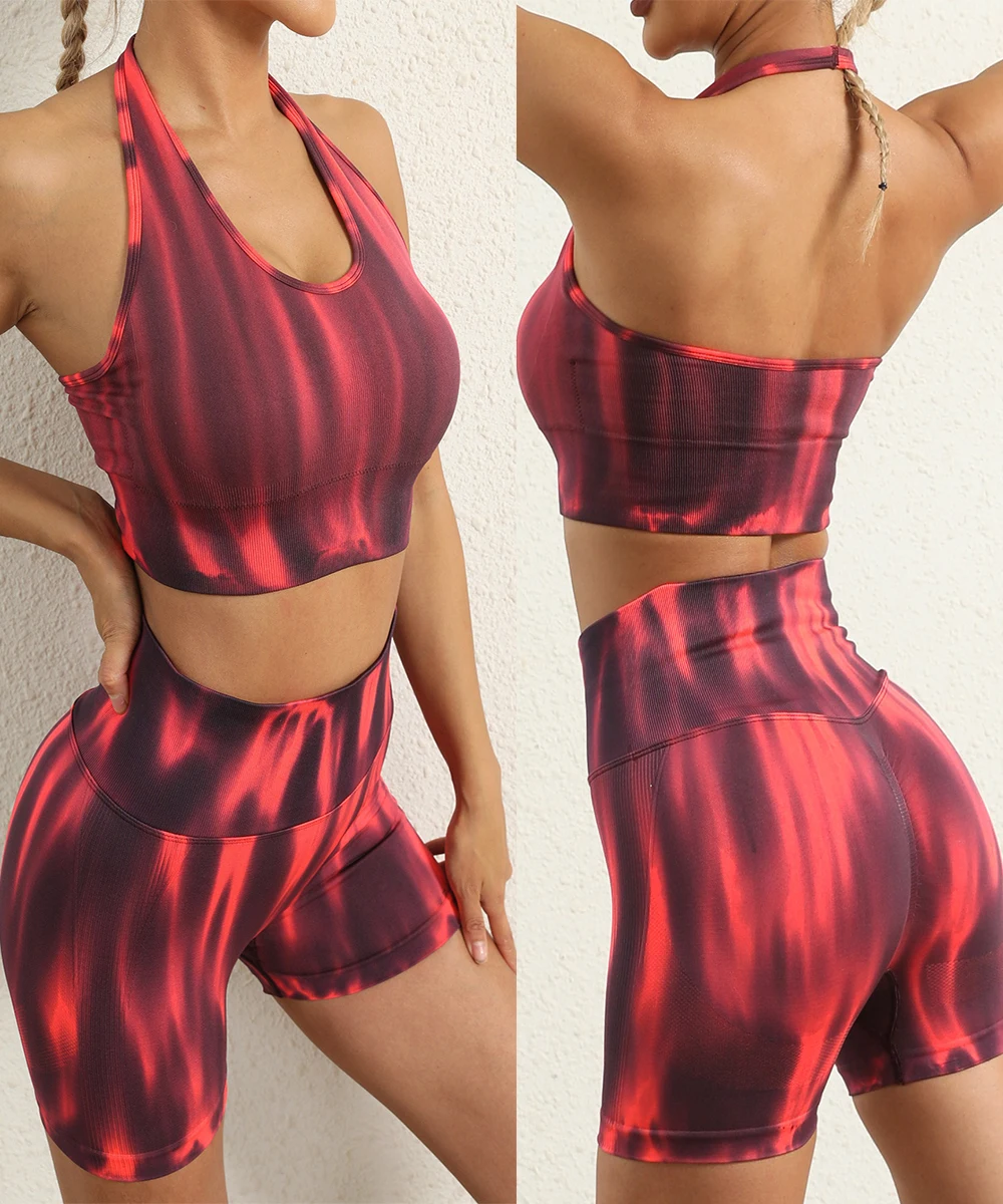 

Seamless Yoga Set Gym Suits With Shorts Crop Top Sexy Tie Dyed Fabric Bra Women's Pants Suit Running Workout Outfit Fitness