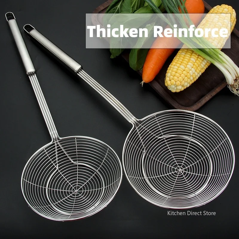 Espumador de malla fina de acero inoxidable reforzado grueso, colador de araña multifunción con mango largo para freír y colar