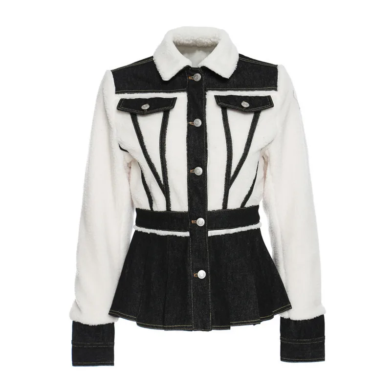 ANJY Autumn Winter New High Street Ins Contrast Color Patchwork Denim Pockets Turn-down Collar Single Breasted Ruched Coat A8021