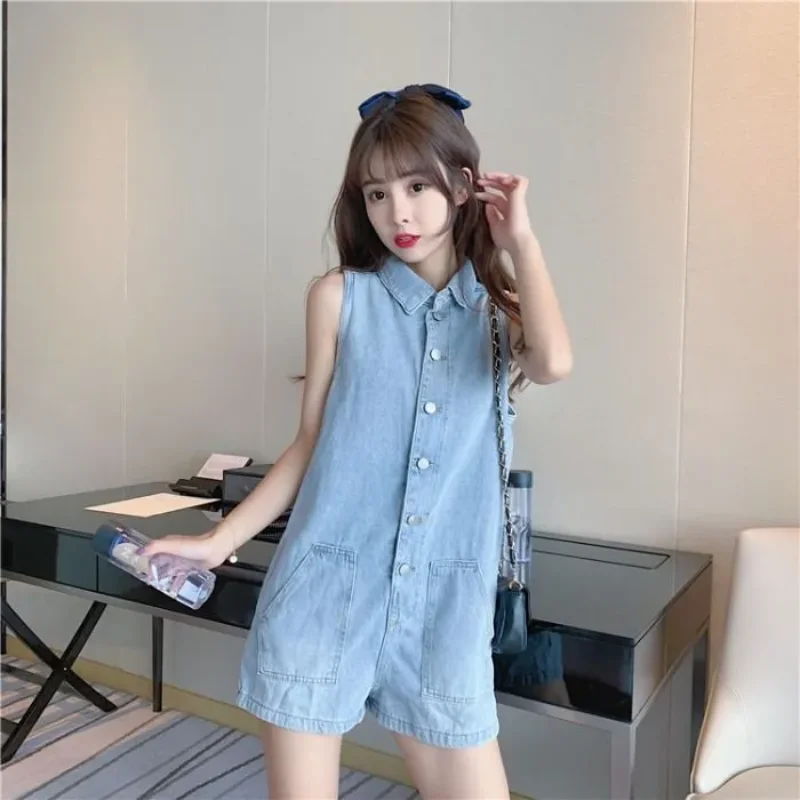 Retro Denim Jumpsuit Women's Summer New Versatile Sleeveless Short Loose Wide-leg Pants Trendy