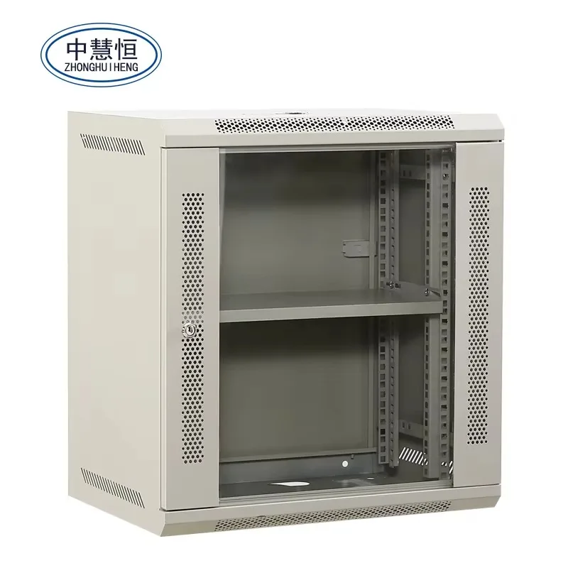 12U White Glass Door Network Wall Mounted Steel Server Cabinet Rack Housing with Network Cabinet Shelves