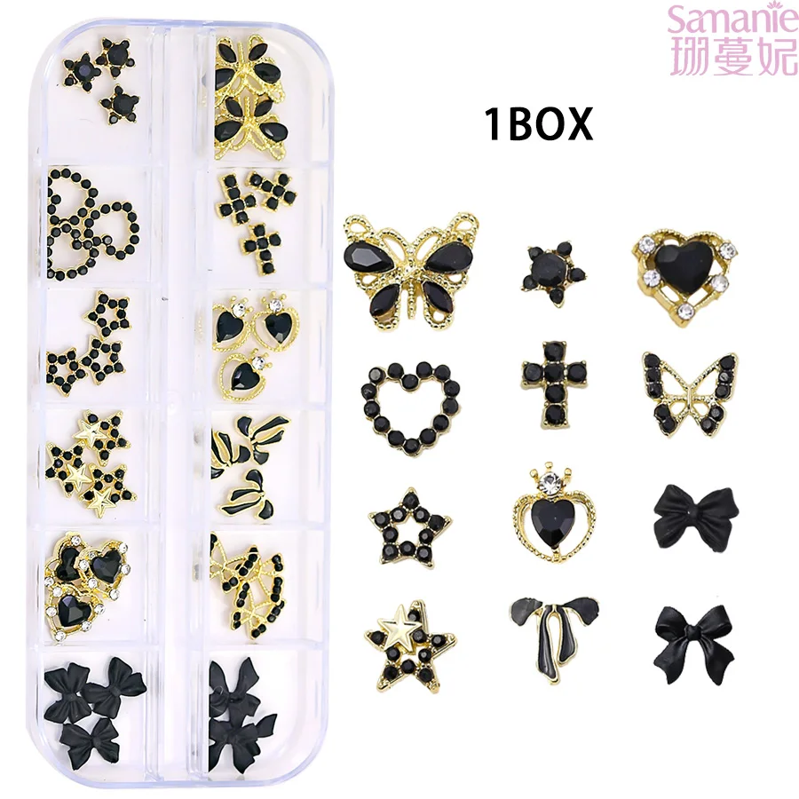 12 Grids 3D Black Gold Nail Gem Kit, Bow Butterfly Heart Star Cross Rhinestone Charms for Nail Art & DIY Craft 5 Points Product