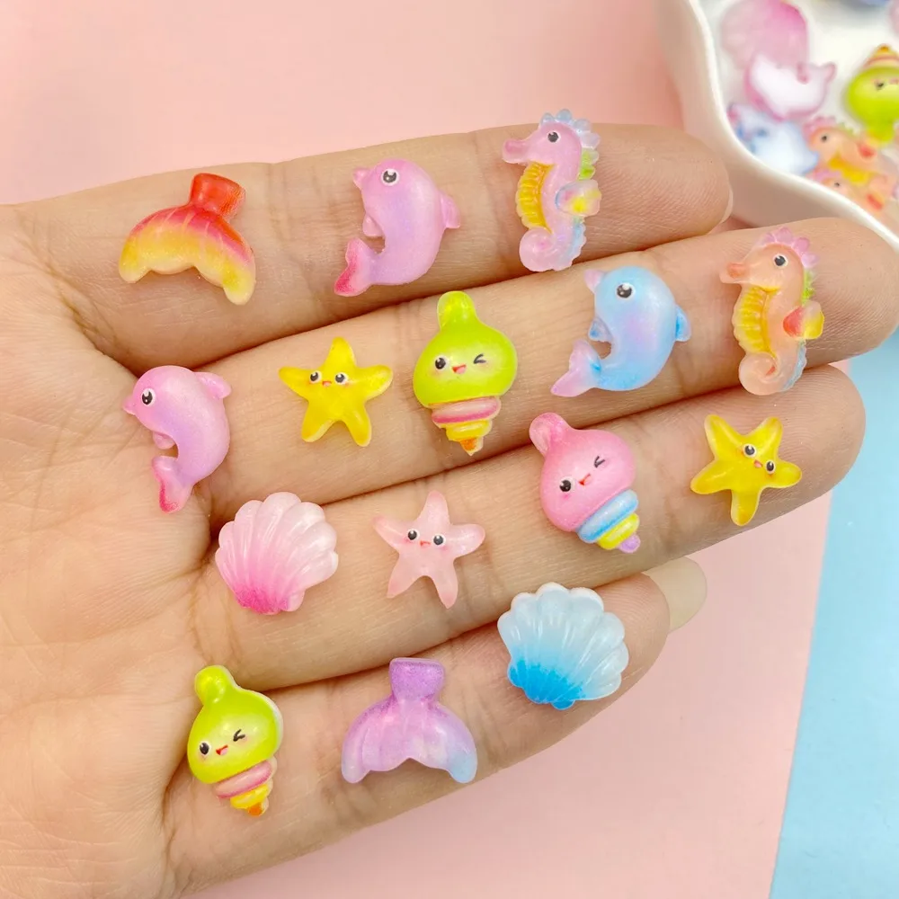 30Pcs New Cute Resin Mini Shell Seahorse Starfish Dolphin Flat Back Parts Embellishments For Hair Bows Accessories