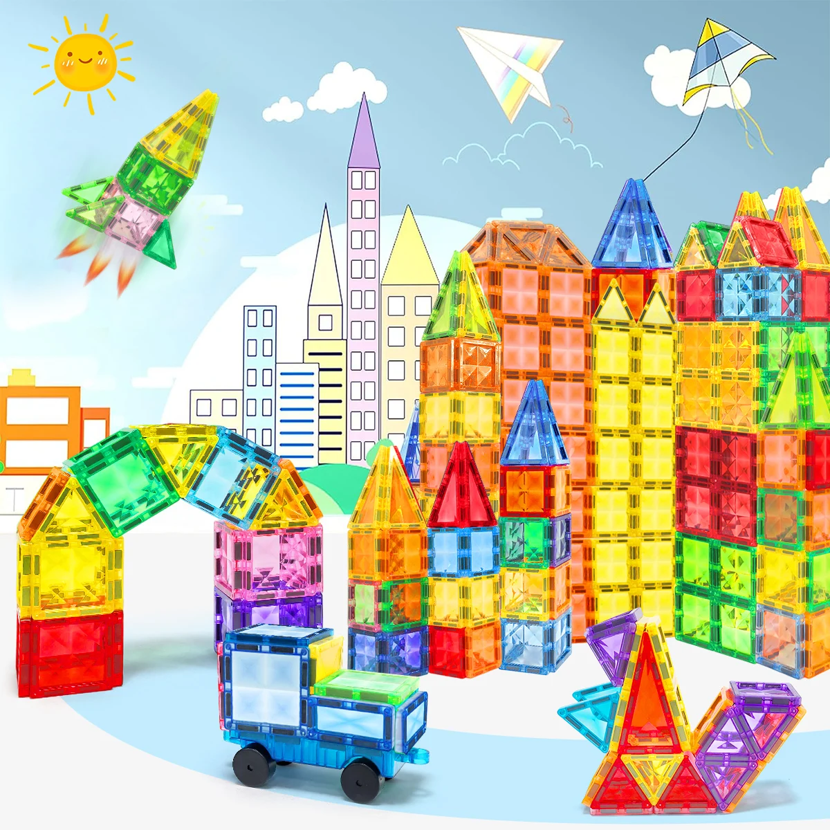 Juego de construcción de bloques de construcción magnéticos, juguetes 3D para niños de más de 3 años, juguetes educativos de bloques de construcción de vástago Montessori con ruedas