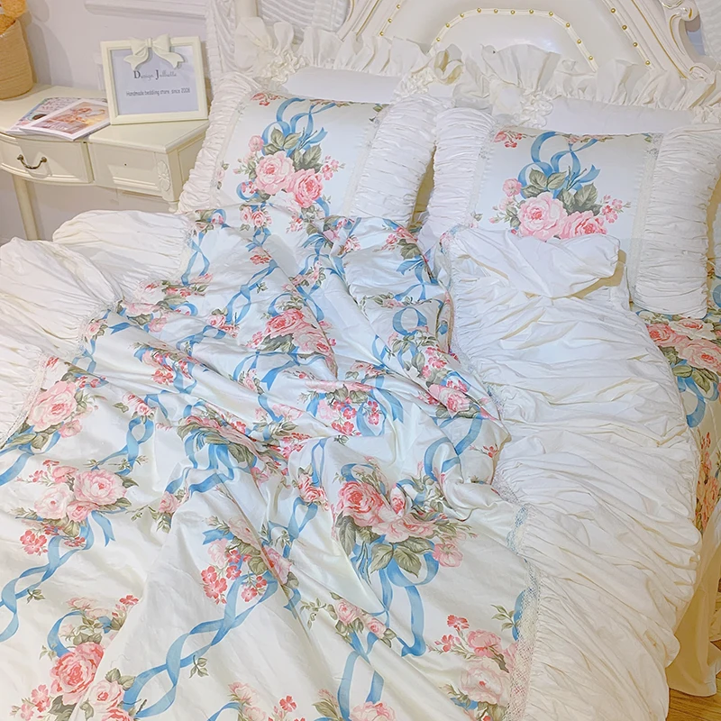 Four-Piece Cotton Milky White Garden Pleated PrintSkirt High-End Pastoral European Bedding Bedspread-Style Four SeasonsUniversal