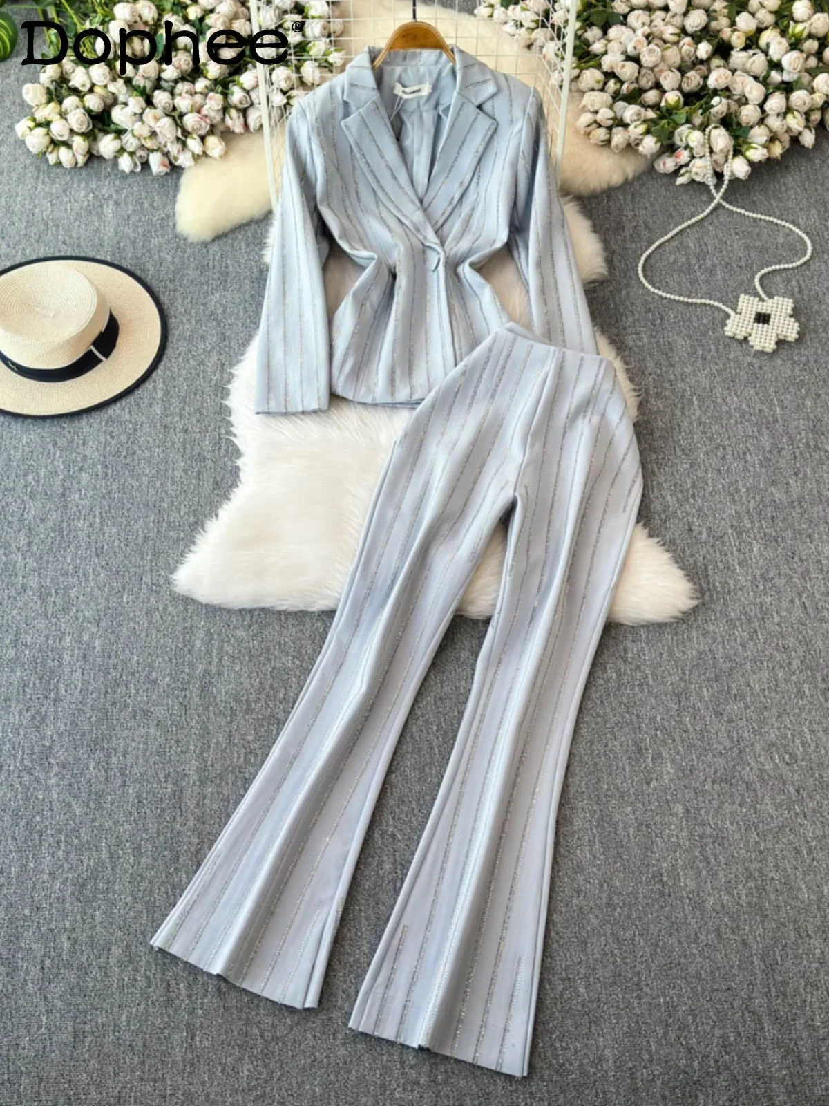 Premium Grey Starlight Galaxy Hot Diamond Slim Fit Professional Blazer High Waist Suit Pants Two-piece Sets Women Outfits