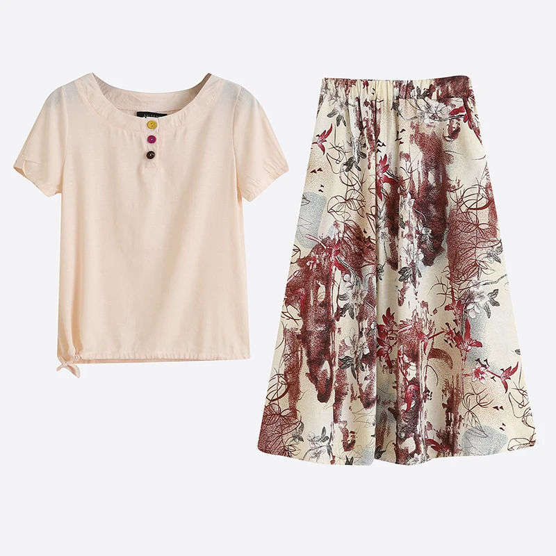 

Spring Autumn New Women's Faionable Artistic Cotton Linen Color Top Floral A-Line Skirt Set Ele Simple Sle