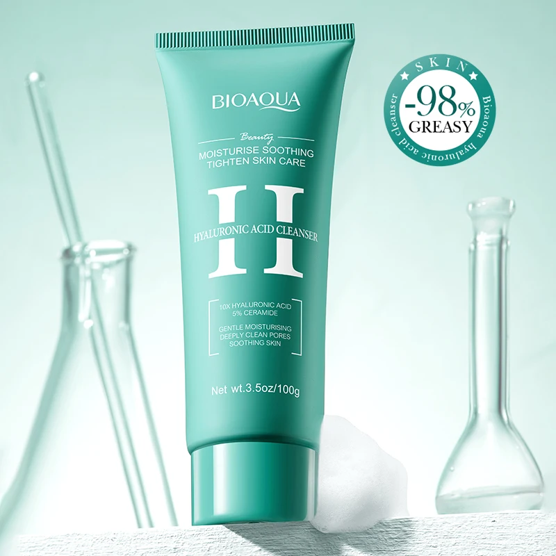 Fotografia 5: Bioaqua ácido hialurônico limpador facial hidratante espuma de lavagem facial anti-envelhecimento limpador facial produtos de cuidados com a pele facial