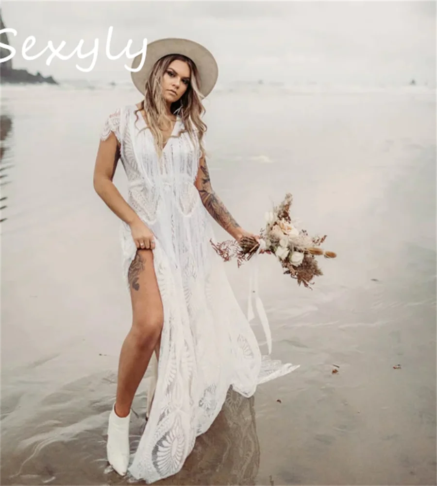 Crochet Lace Beach Wedding Dress Cap Sleeve Tassel Backless Boho Bride Dress V Neck Bohemain Country Women Bridal Customized