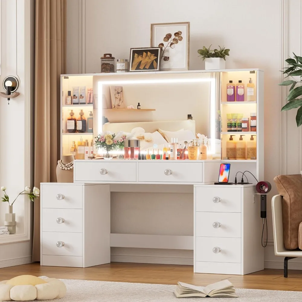 Large Makeup Vanity, White Finish With Mirror And LED Lights, Power Socket, Three Lighting Modes, Eight Drawers
