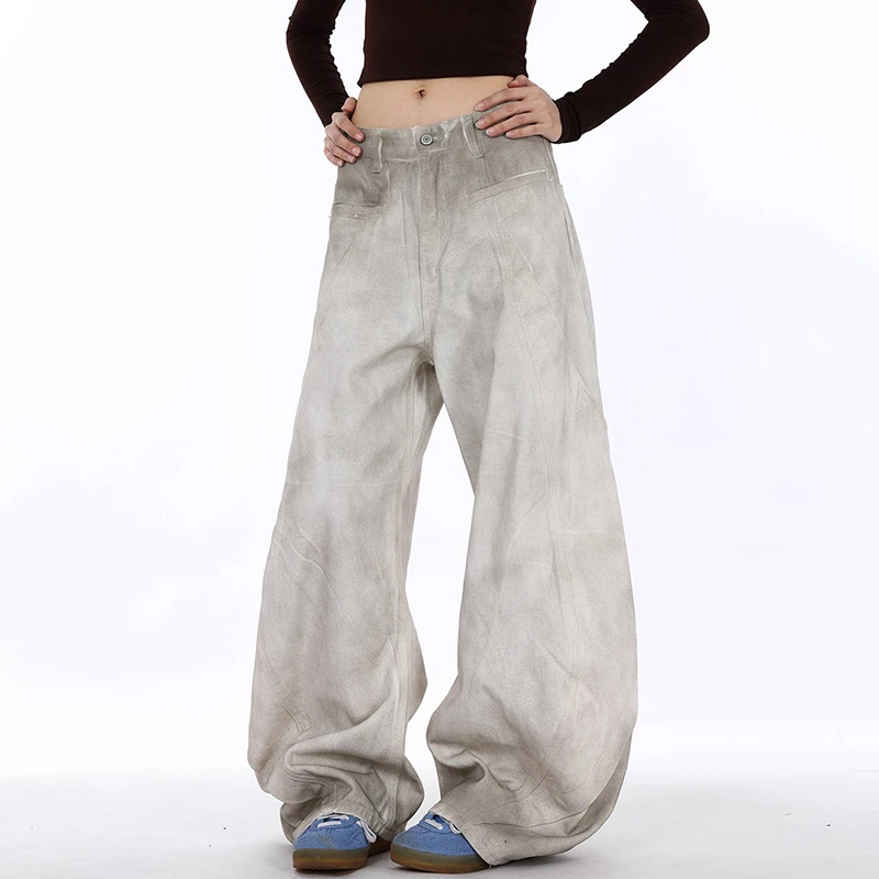 American Men Curved-knife Jeans Washed White Tie-Dyed Deconstructed New Loose Wide Leg Denim Pants Trend Women Baggy
