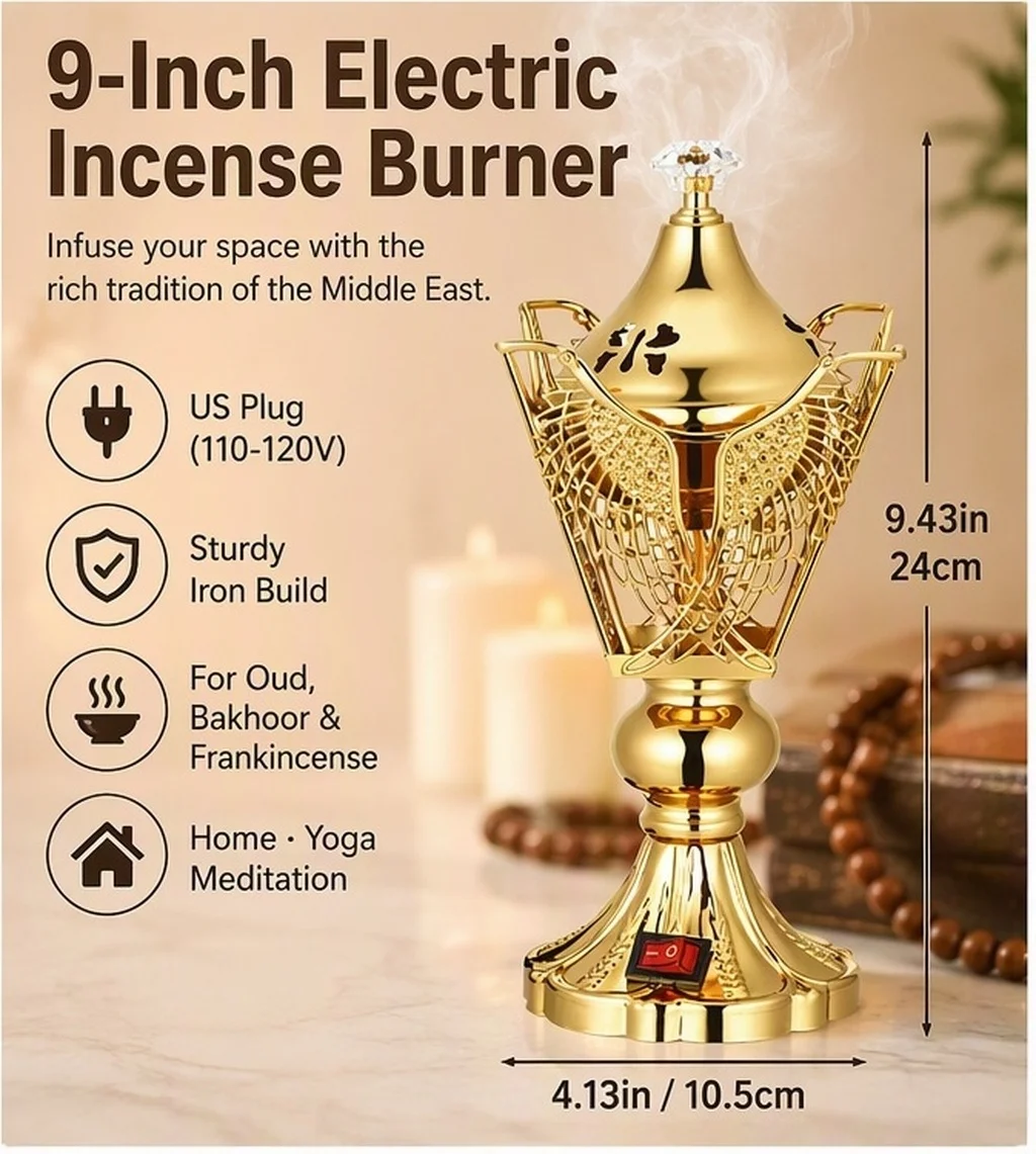 Bakhoor Incense Burner Plug in Electric Middle Eastern Oud Frankincense Resin Burner 9 Inch Iron Censer for Yoga Studio Family