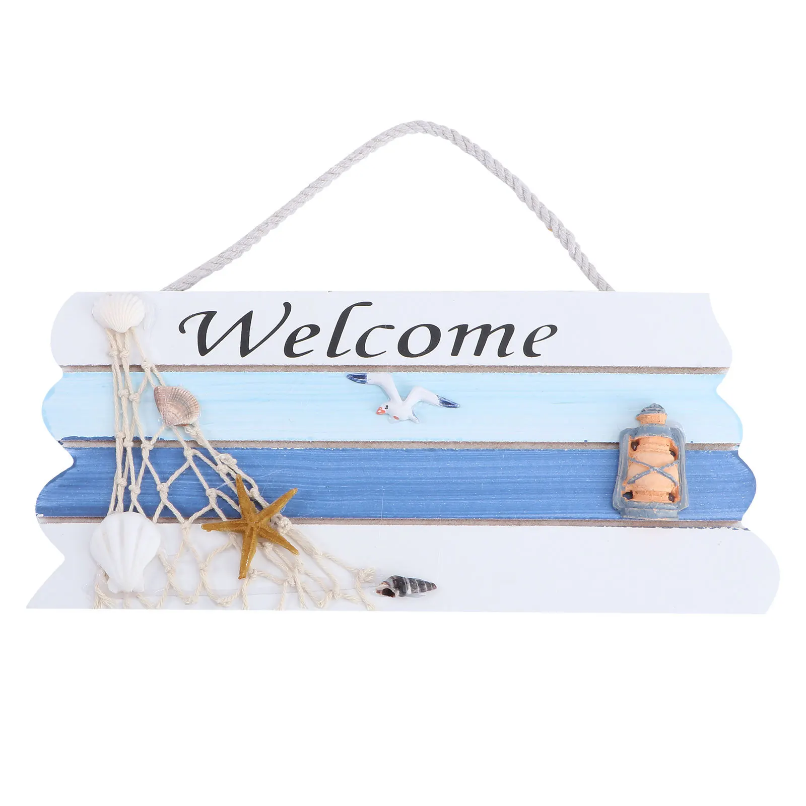 

1Pcs Blue Wooden Welcome Door Sign Hand-Painted Density Board Mediterranean Style Sea Pattern Shell Decor for Home Restaurant