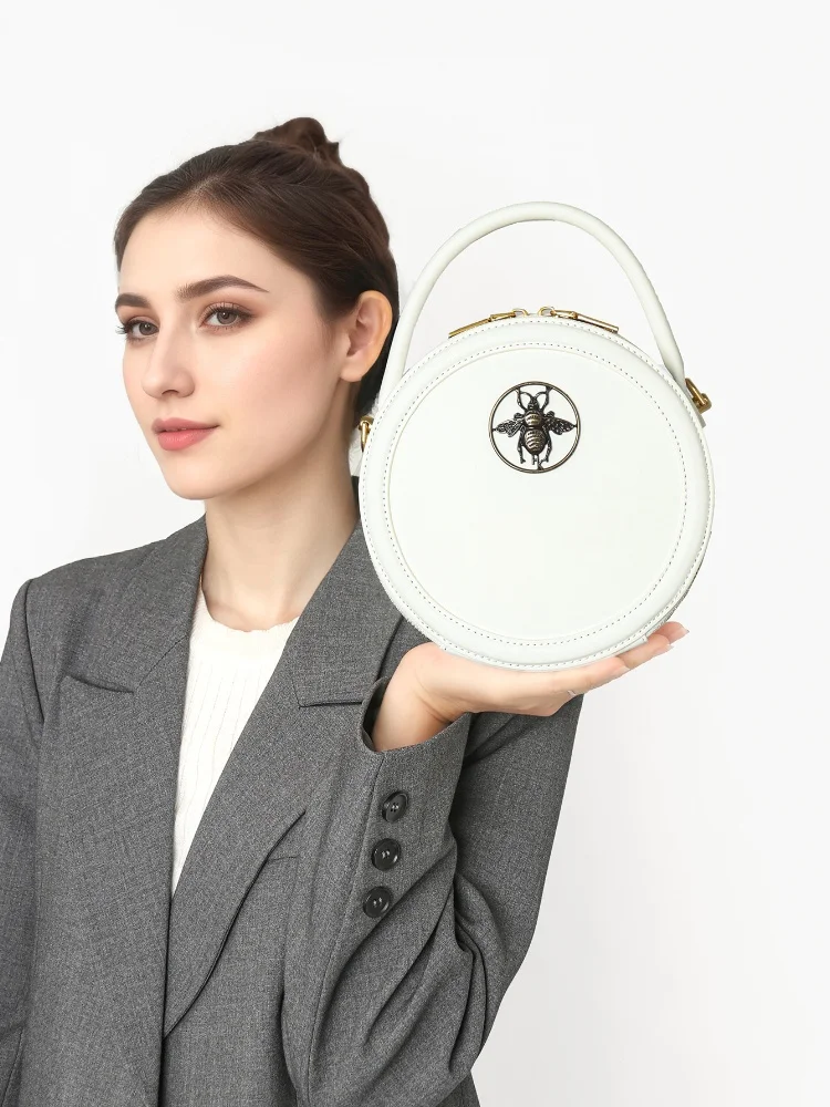 

High Texture Genuine Leather Round Women's Handbag Head Layer Cowhide White Fashionable Bee Deco Shoulder Crossbody Bag