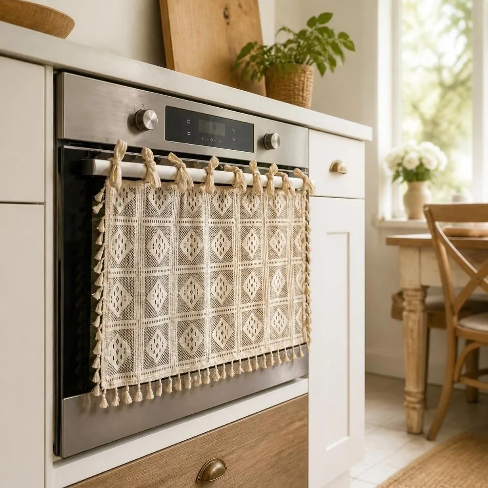 Lace Oven Door Curtain Tassels Rural Style Dishwasher Cover Skirt Easy To Install Handmade Kitchen Cabinet Curtains