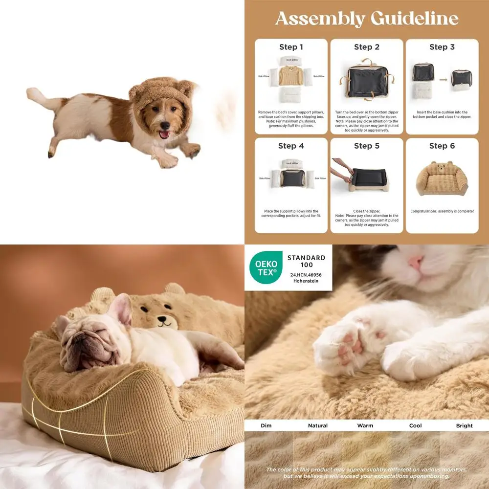 

Cozy Almond Puppy Bed with Removable Cover for Small to Medium Dogs, 28, Plush Bear Design