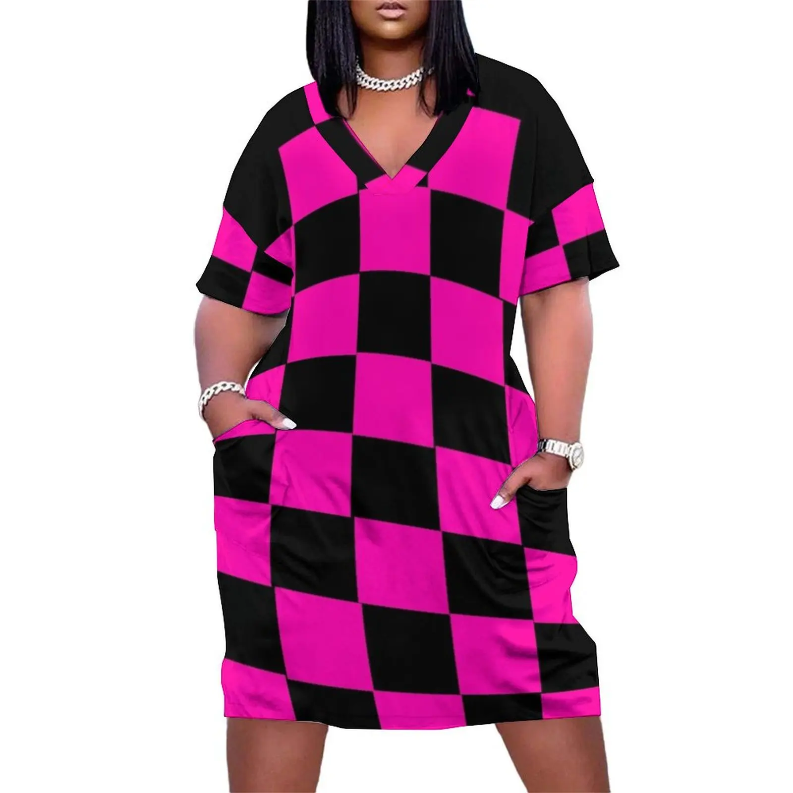 pink and black checkerboard pattern Loose Pocket Dress dress for women purple dress