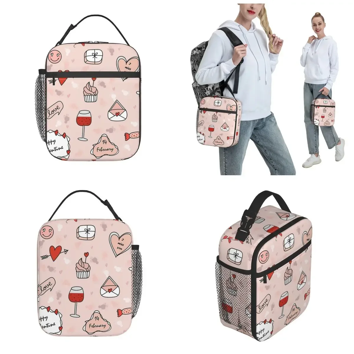 Thermoisolierte Lunchtasche mit Valentinstag-Cartoon-Muster für Picknick, wiederverwendbare Lebensmitteltasche, Kühler, Thermo-Lebensmittelbox