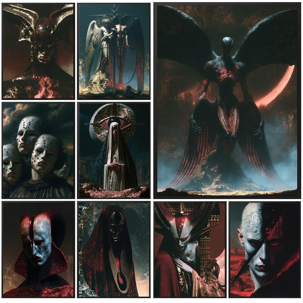 Dark Fantasy Demon Creature Canvas Wall Art, Gothic Horror Satanic Character Poster, Vintage Hell Devil Figure Print Painting