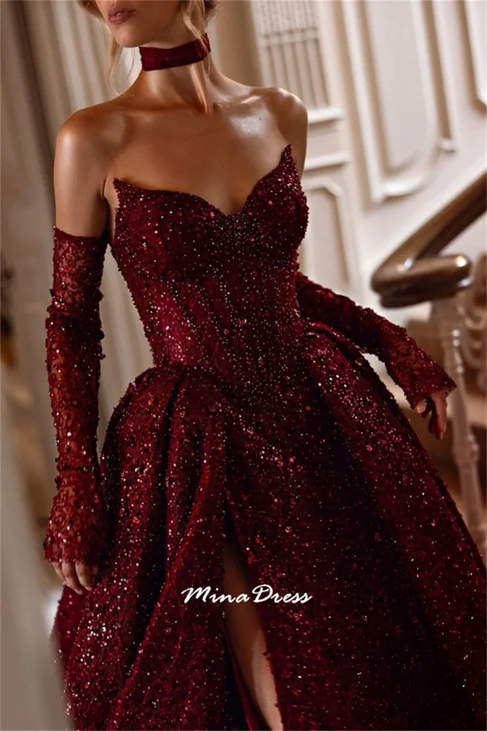 Mina Customized First Colored Dress for Wedding Guests Back-length Dress With Corset Sequins High Slit Long Dresses Evening Gown image 4
