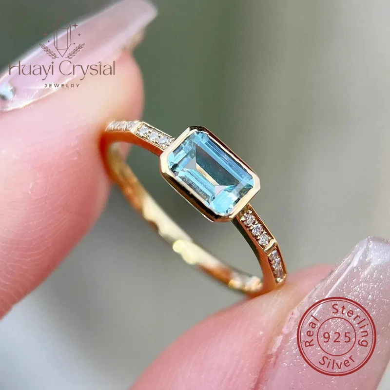 Refined S925 Sterling Silver Gold plated rectangle Aquamarine zircon Women's Ring jewelry Casualeasiest Design Daily Ring