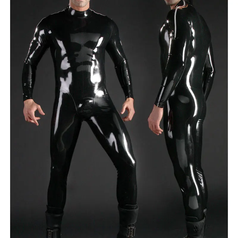 Sexy Tight Latex Suit  Bodysuit Adult Latex Rubber Catsuit For Men And Women Shoulder With Metal Zipper And With 3D Crotch