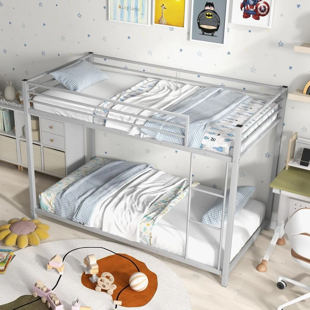 Twin beds in two metal bunk beds, heavy-duty bed frame with safety railings and ladders, low floor bunk beds, no noise