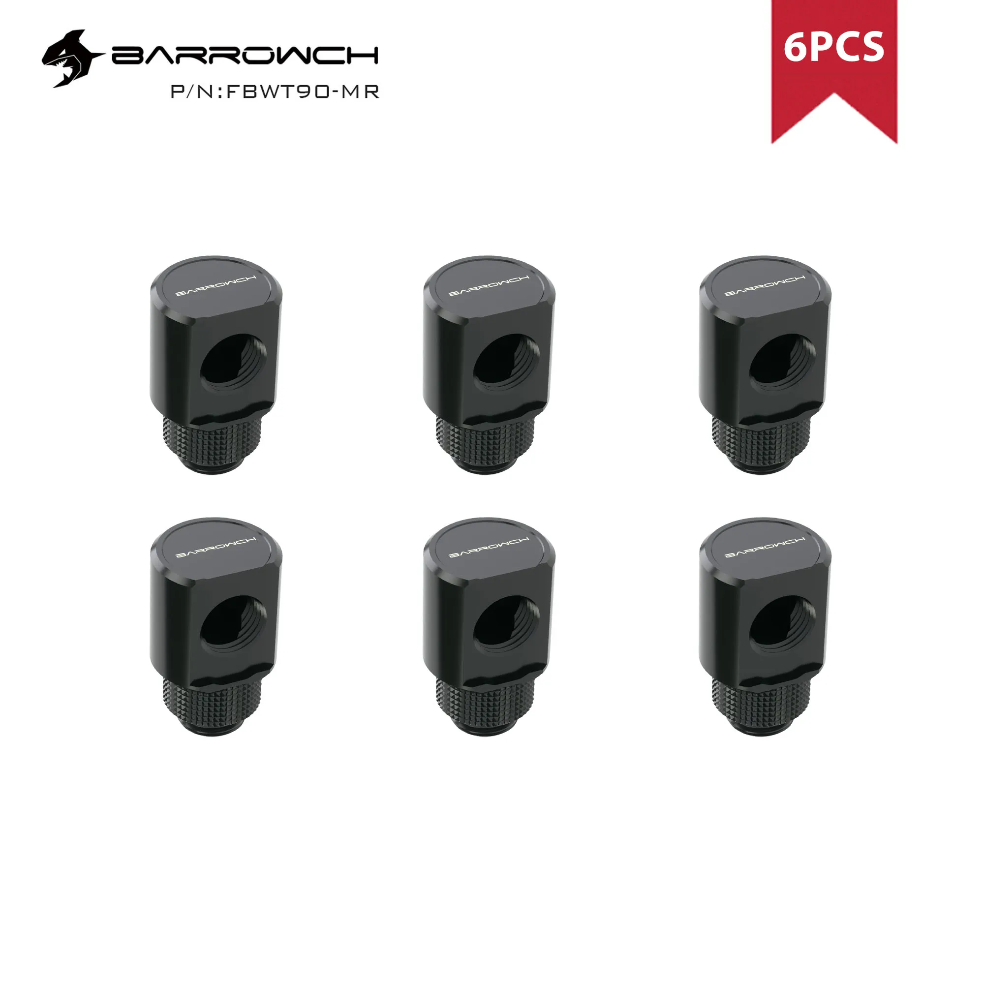 BARROWCH 6pcs 90 Degree G1/4'' 360 Rotary Fittings ,Computer Case Liquid Cooling Loop Kit Build Connector,FBWT90-MR