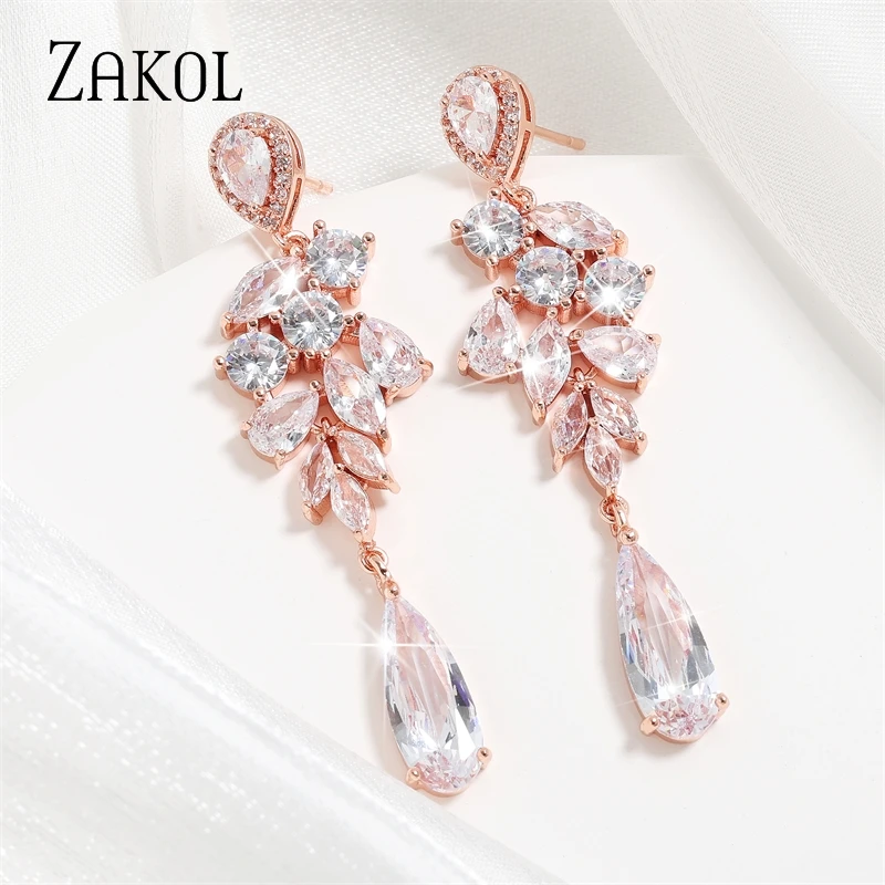 ZAKOL Fashion Water Drop Marquise Zircon Dangle Earrings for Women Shinny Crystal Leaf Long Earring Bridal Wedding Jewelry