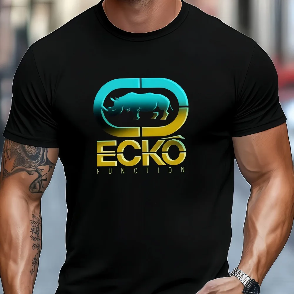 Men Teal Gold Gradient Geometric Frame Rhino Tee Ecko Function Futuristic Tech Crew Neck Casual Cotton Short Sleeve