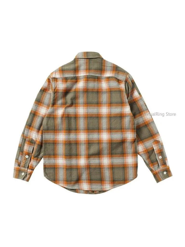 Men Amekaji Workwear Plaid Shirt Heavy Brushed Flannel Vintage American Washed Distressed Casual Top