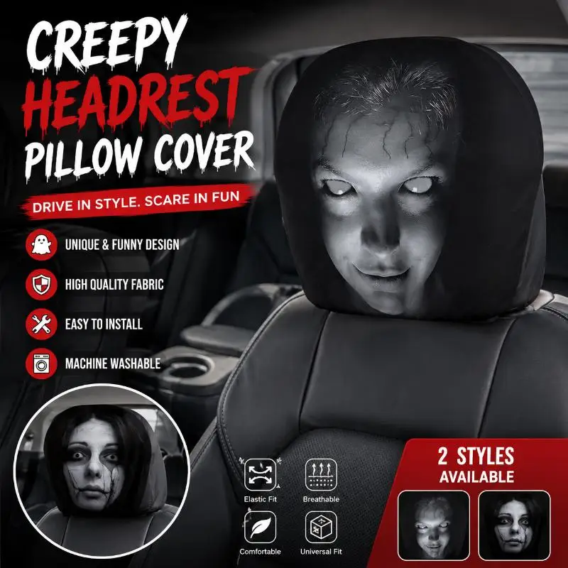 2Pcs Horror Design Universal Car Headrest Covers Fun Quirky Prints Breathable Elastic Fit Sedan Truck SUV Halloween Decor