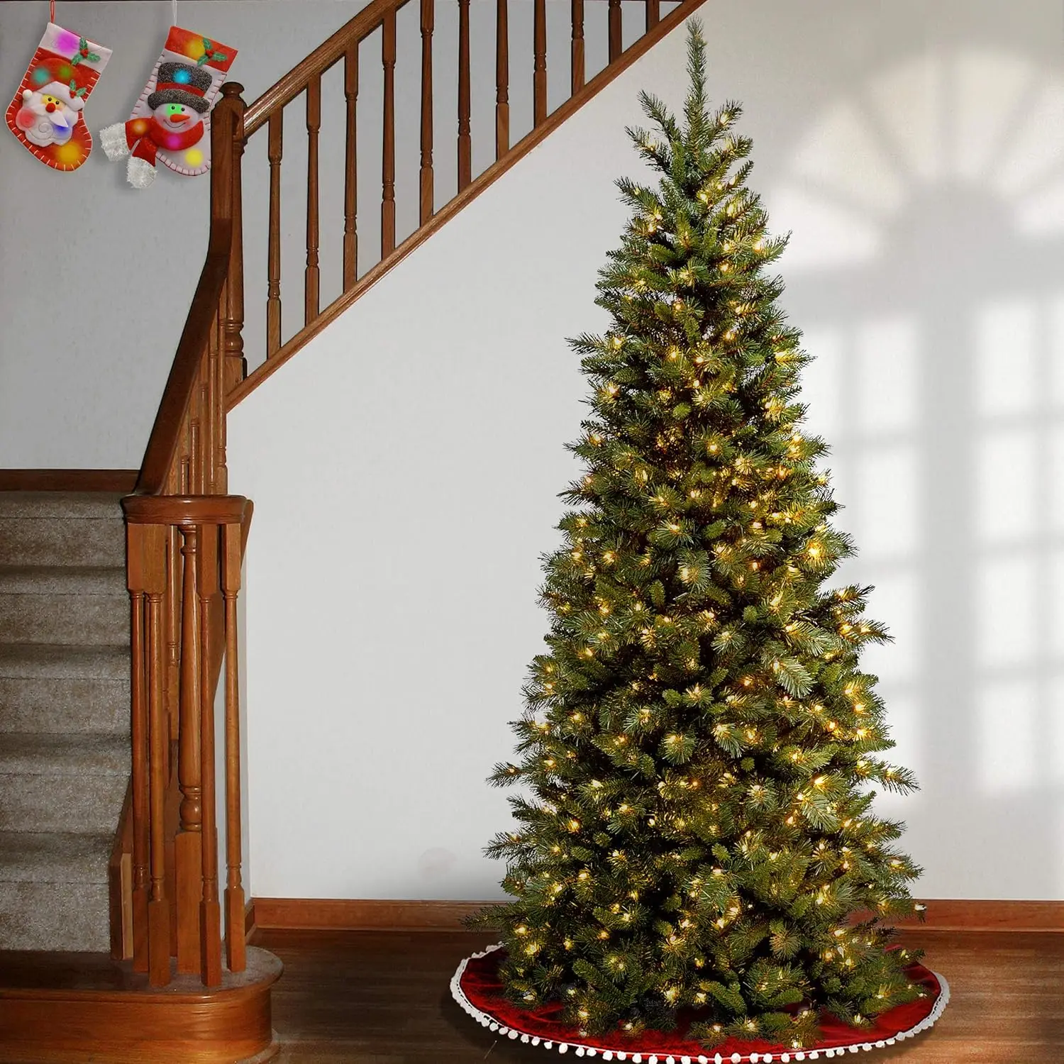 Pre-Lit Artificial Slim Christmas Tree, Green, Tiffany Fir, White Lights, Includes Stand, 7.5 Feet