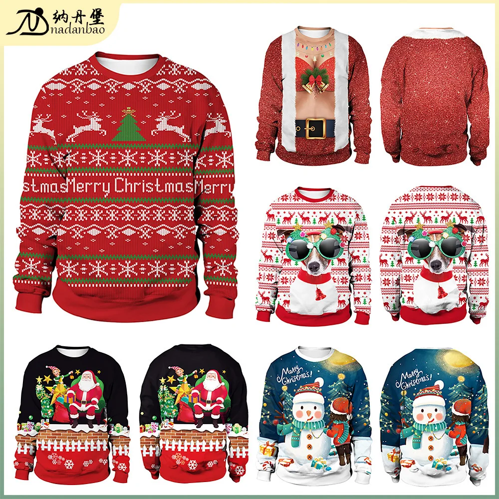 2024 Spring New Women's Clothing Round Neck Christmas Deer Couple's Digital Printed Hoodie