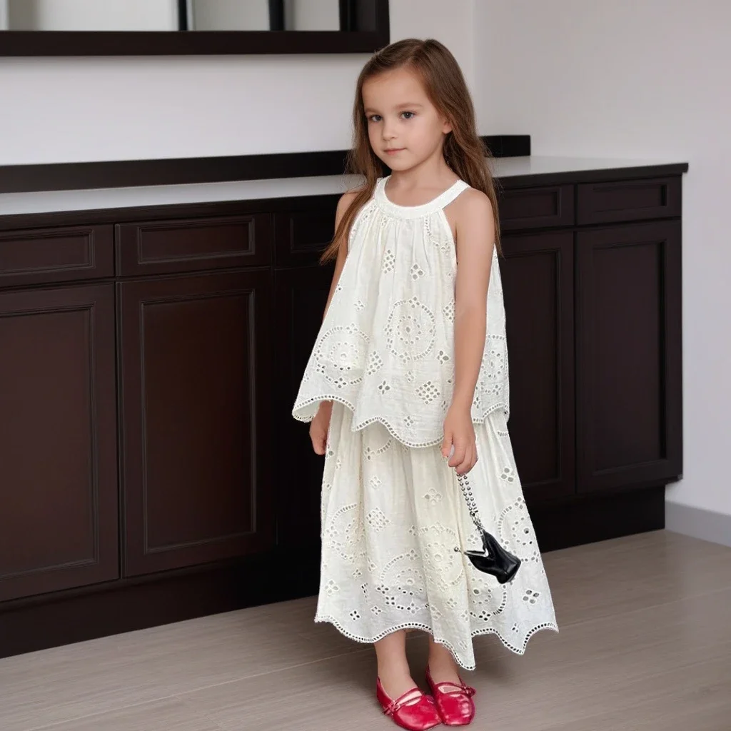 

Girls Clothing Set Summer Fashion Lace Hollow Out 2-Piece Sweet Sleeveless Vacation Skirt Outfit for Kids Elegance Child Costume