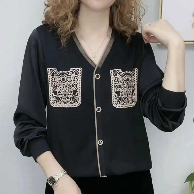 Autumn V-Neck Vintage Button Solid T-shirt 2023 Women\'s Clothing Fashion Mesh Spliced All-match Long Sleeve Tops Female Commuter