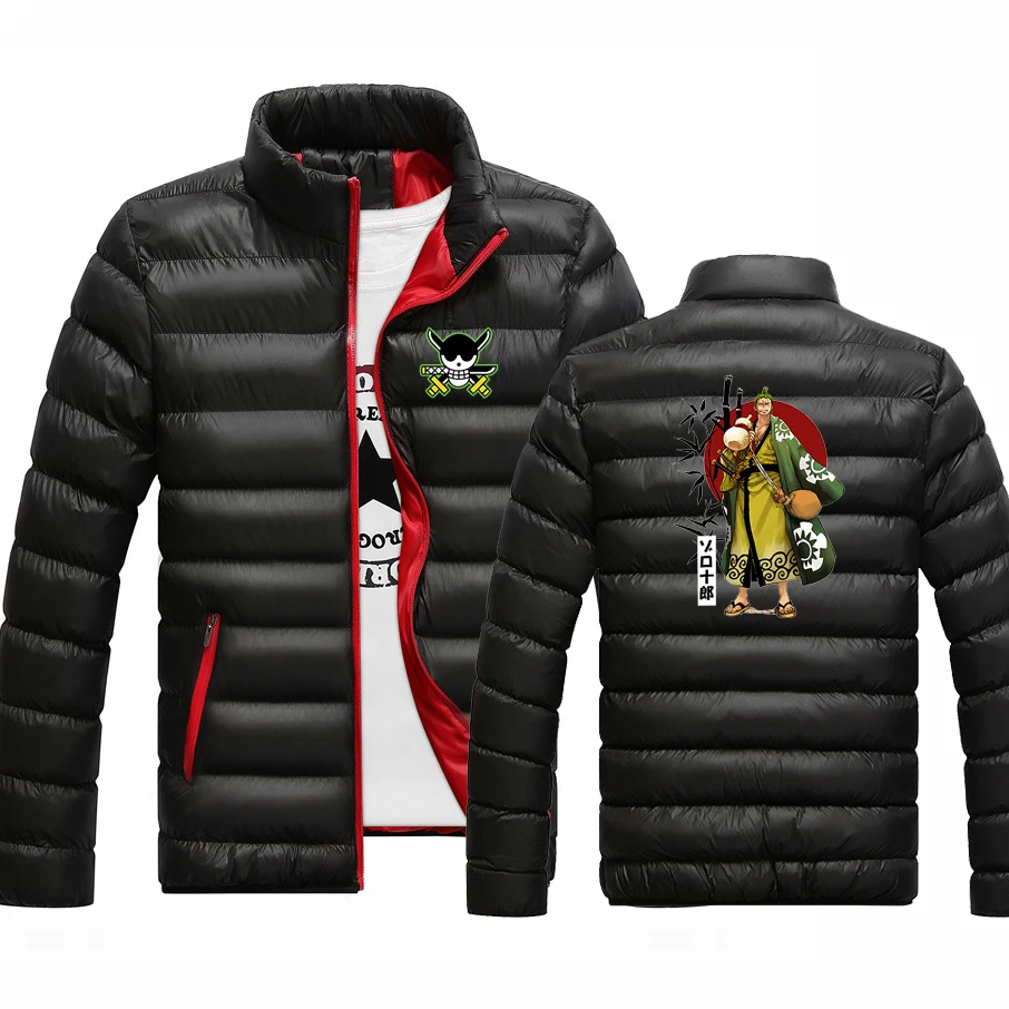 

2025 Autumn Winter Anime Zoro Logo Print Windproof Warm High Quality Leisure Solid Color Stand Collar Cotton-Padded Jacket Coats