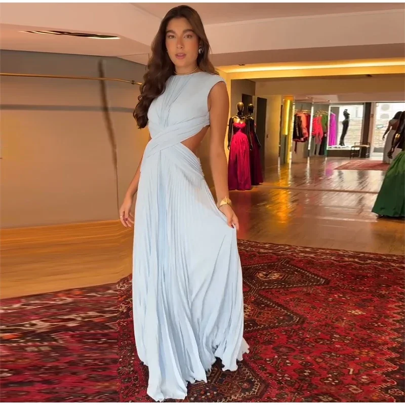Elegantes 2026 Neues Rückenfreies Damenkleid mit Überkreuz-Taille Ärmelloses A-Linien-Kleid mit Raffungen Langes Abendkleid Formelles Partykleid – Detail 10
