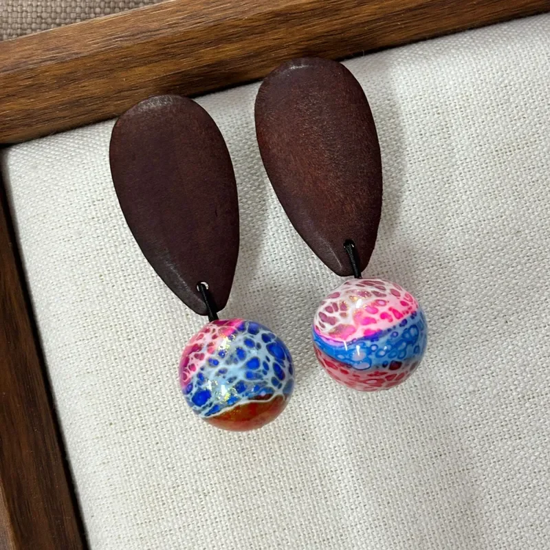 Natural ebony large lacquer round bead earrings, national style hand-painted gilt light luxury pattern, long contrasting