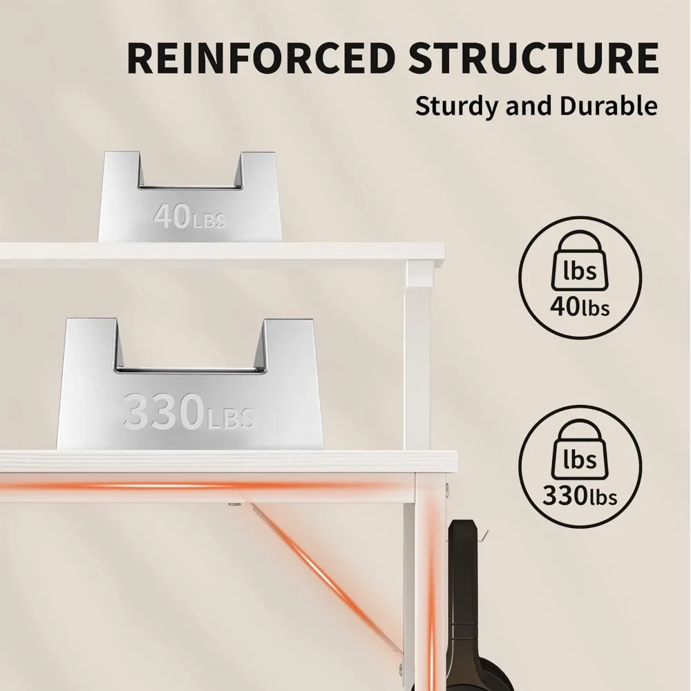 棚とディスプレイライザー付きL字型ゲーミングデスク、Type-Cコンセント付きコーナーコンピュータデスク48インチホワイトオフィスデスク