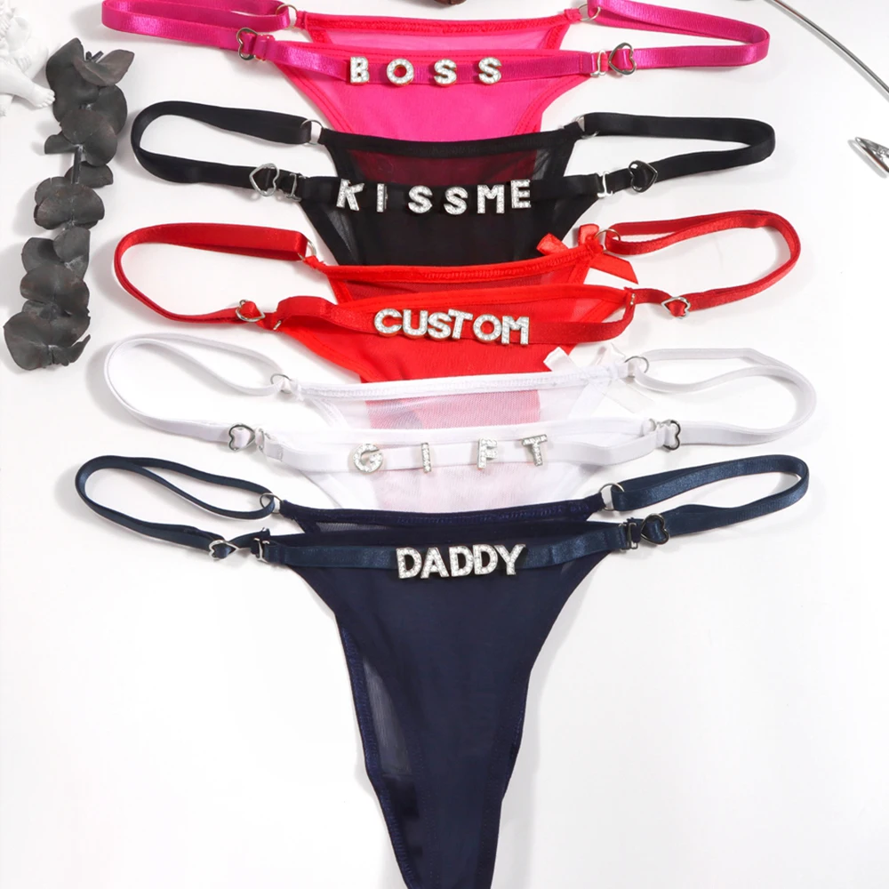 2024 Transparent Mesh Custom Name String Thongs for Women Personalized Rhinestone Letters Panties Jewelry Dropshipping