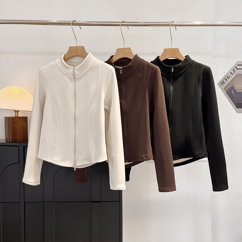 

LU Series Double-Faced Velvet ort Jaet Women's Autumn Winter Warm Comfortable Stand Collar Double Zipper Slim Fit Coat