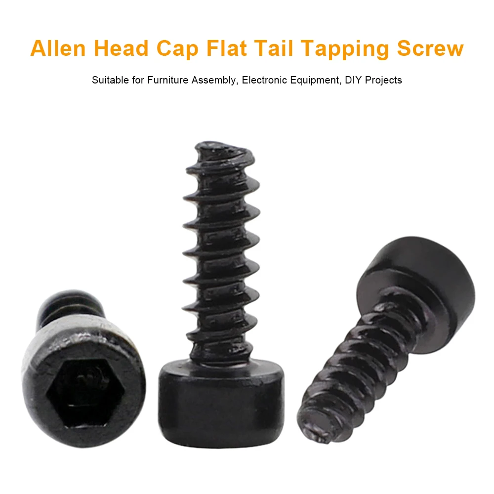 50pcs Allen Head Cap Flat Tail Tapping Screws Bolts Black Plated Hexagon Socket Cap Screws for Furniture M2 M2.3 M2.5 M2.6 M3 M4