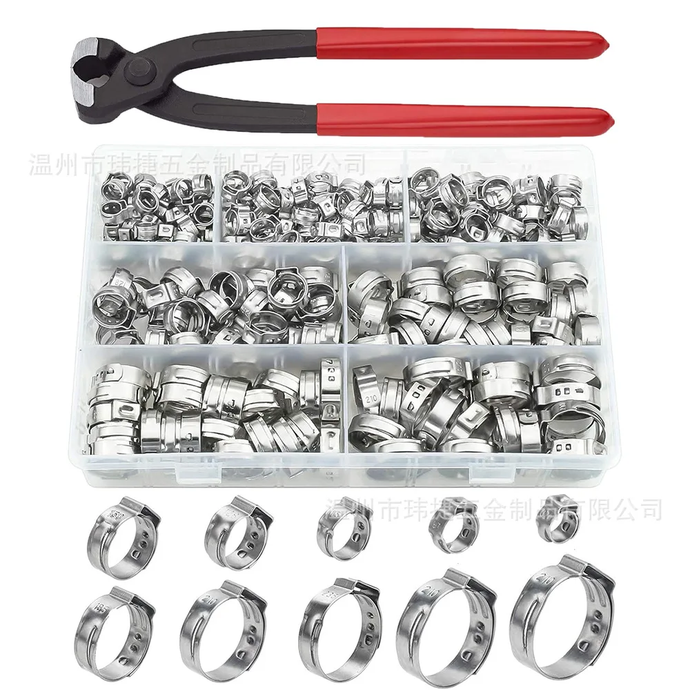 130PCS 304 Stainless Steel Single Ear Stepless Hose Clamps Set, 7-28.6mm Pipe Clips Hose Fastener Assortment Box