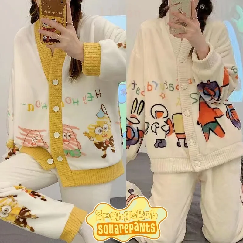 SpongeBob Pajamas Set Women Long Sleeve Cartoon Cute Two-pieces Sleepwear Girls Anime Home Clothes Fashion Kawaii Pajama Set