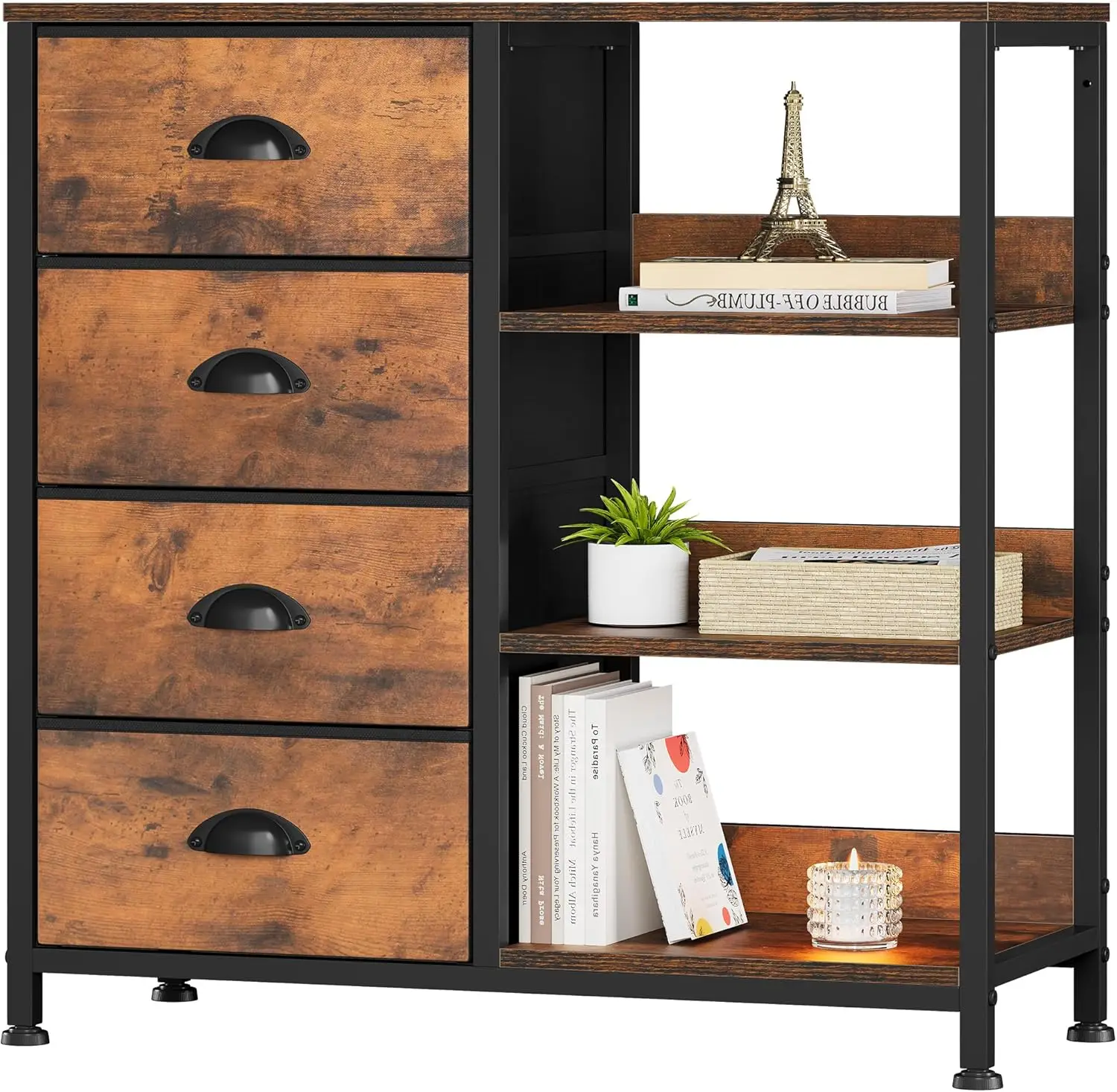 

Storage Tower with 4 Drawers and Side Shelf, Fabric Dresser, Organizer Unit for Room, Living Room, Hallway (Rustic Brown)