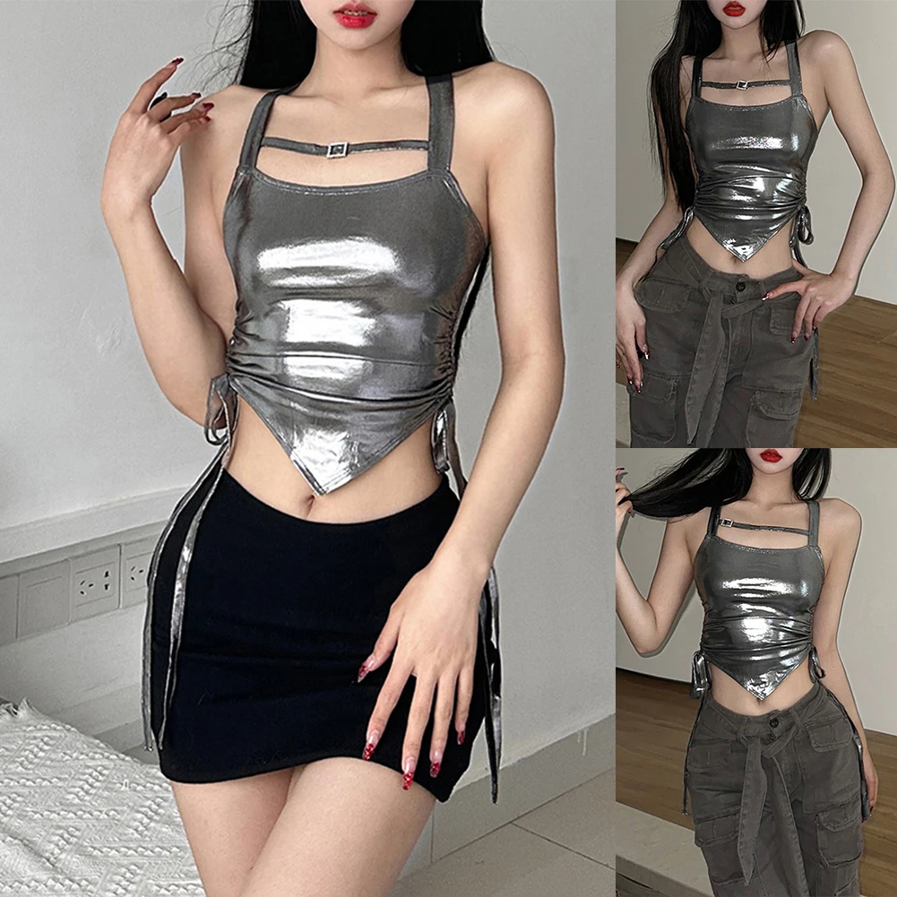 Sliver Crop Tops Solid Sleeveless Slim Tank Top Women Pleated Backless Clothes Fashion Y2K Aesthetic Casual High Street Camis