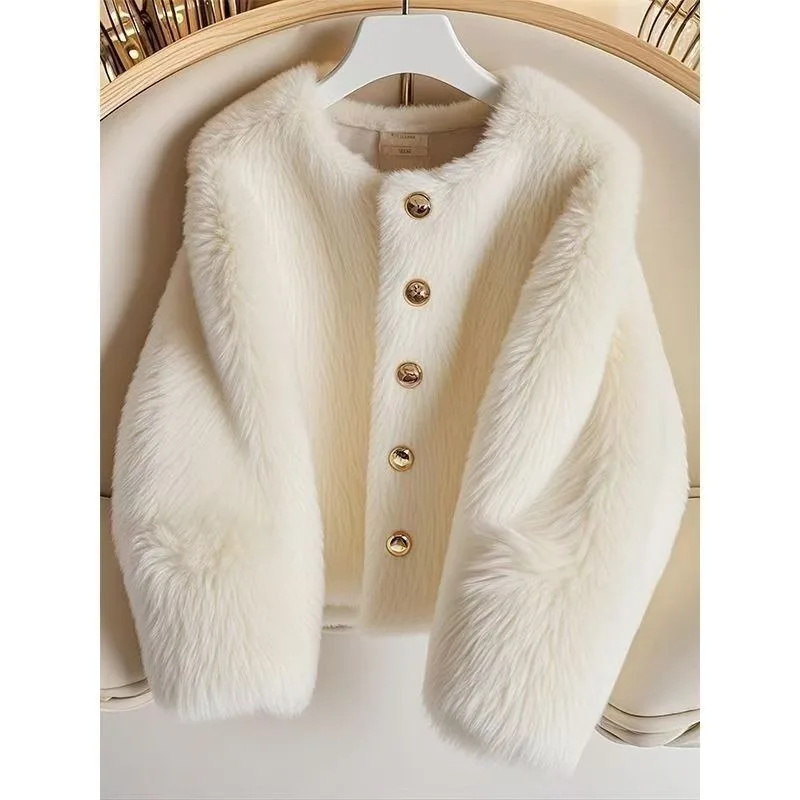 Winter Sweet Beige Single-breasted Hairy Shaggy Faux Fur Coat Women Long Sleeve Furry Fur Warm Jacket Short Outwear Korean Tops